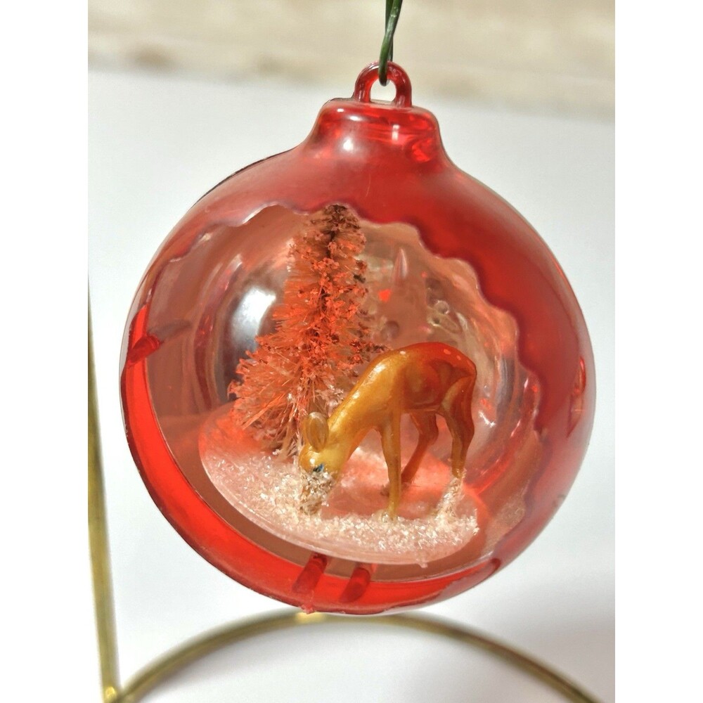 Vintage Jewel Brite Reindeer Tree Red Diorama MCM Christmas Ornament